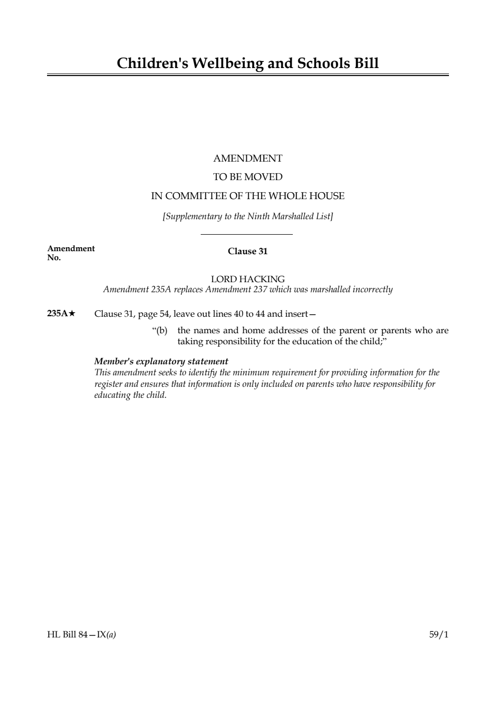 Children's Wellbeing and Schools Bill Amendment to be moved in Committee of the Whole House [Supplementary to the Ninth Marshalled List] 