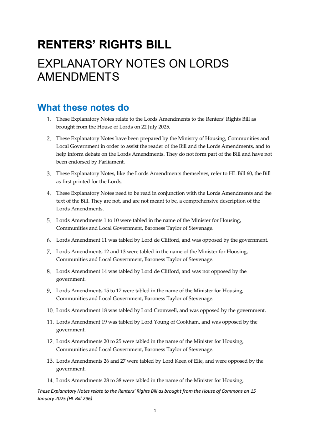 Renters' Rights Bill Explanatory Notes on Lords Amendments