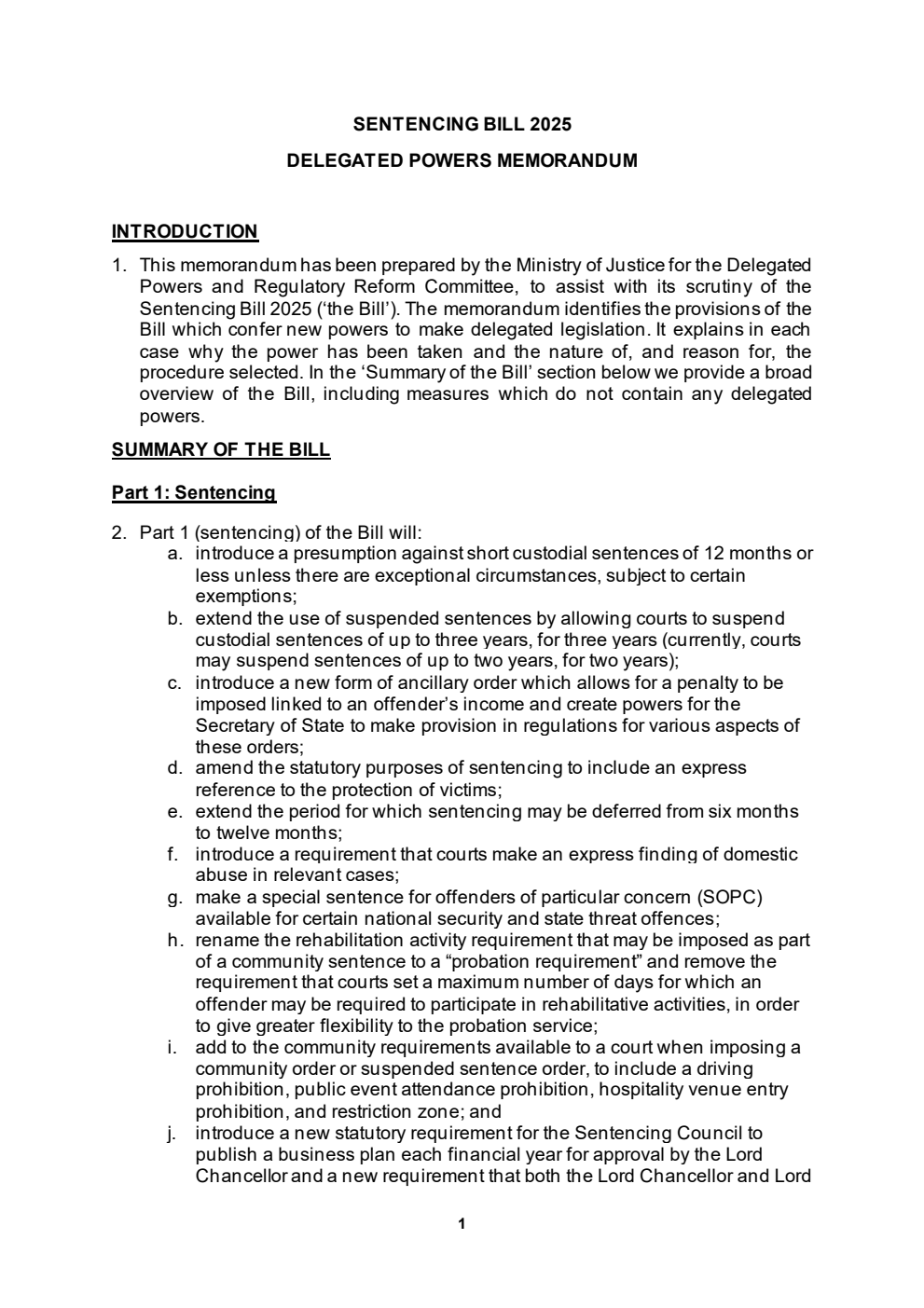 Sentencing Bill - Delegated Powers Memorandum