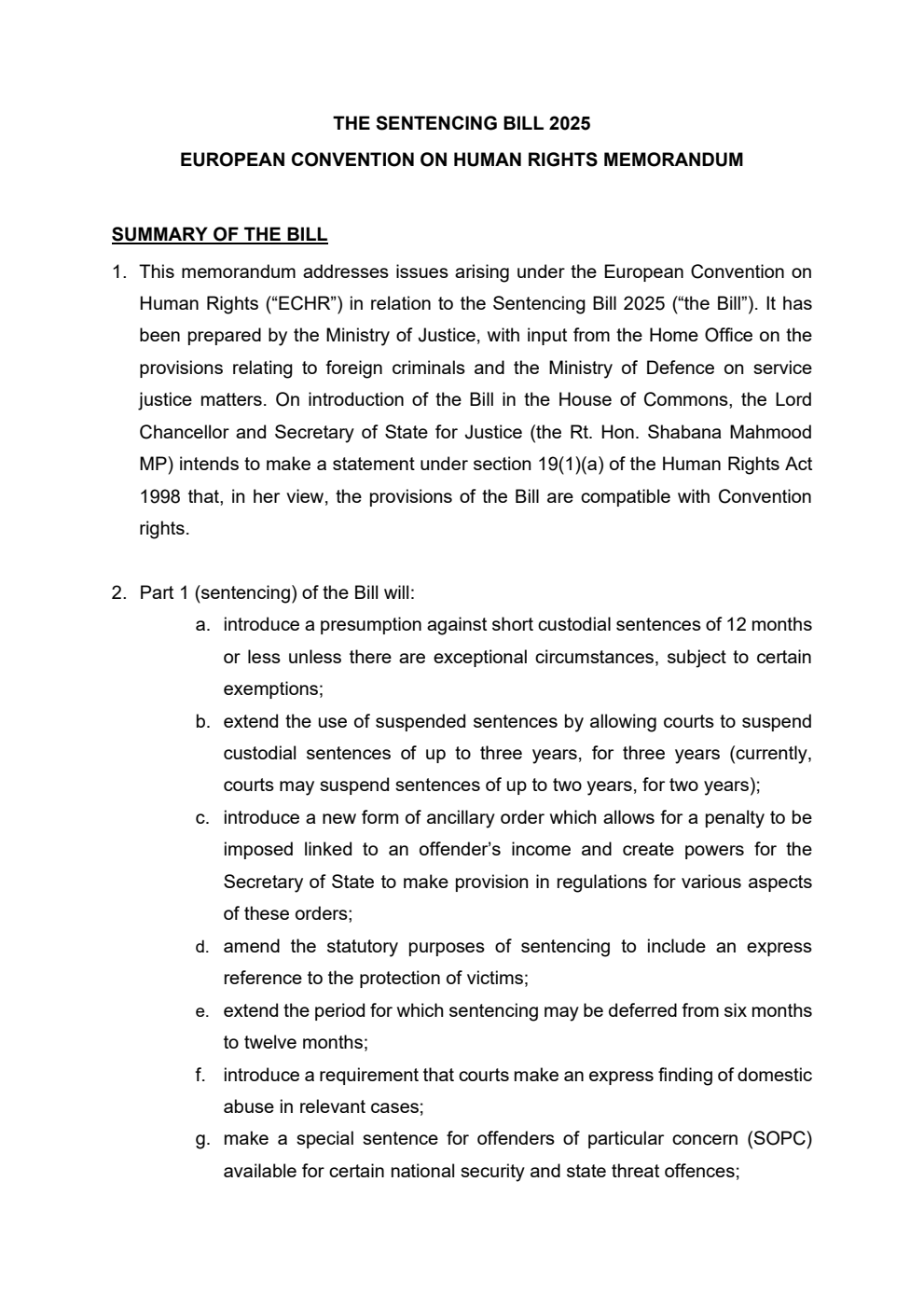 Sentencing Bill - European Convention on Human Rights
