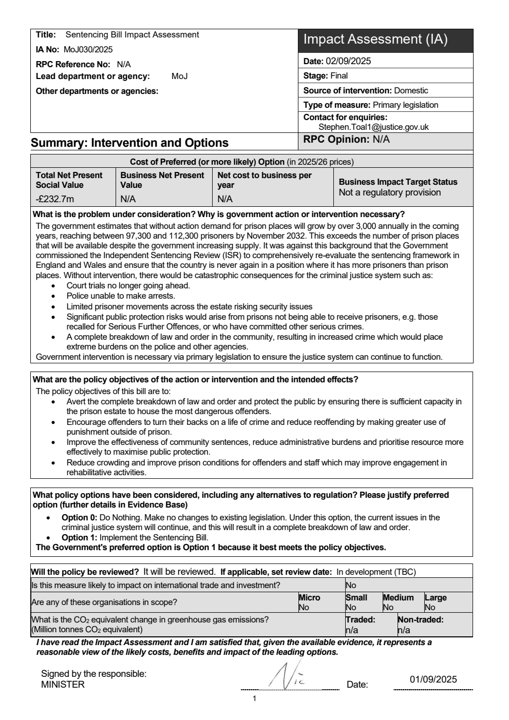 Sentencing Bill - Impact Assessment