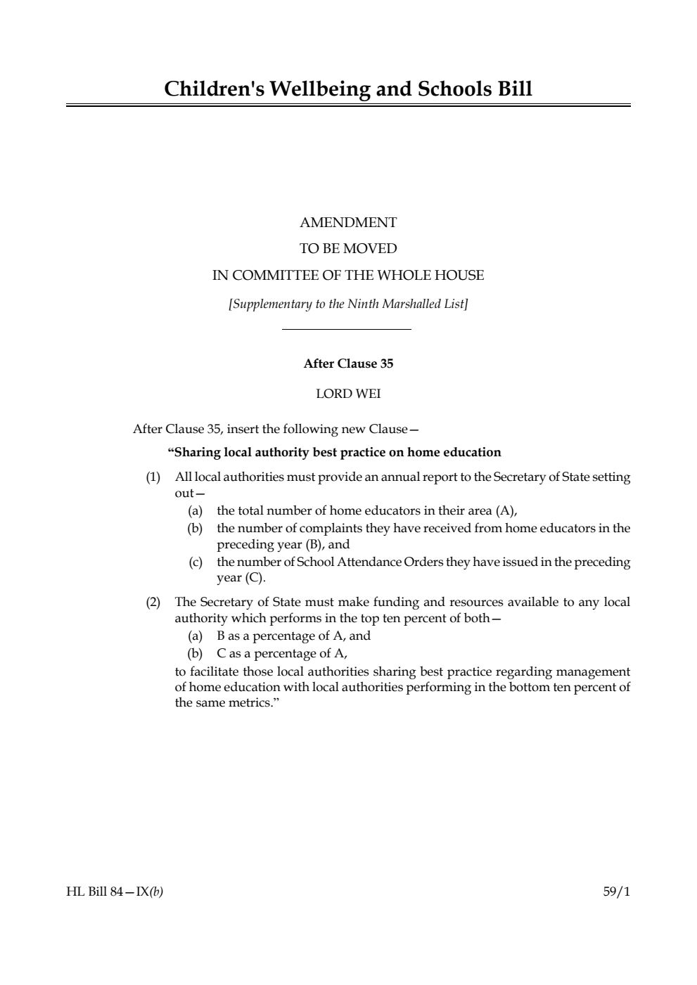 Children's Wellbeing and Schools Bill Amendment to be moved in Committee of the Whole House [Supplementary to the Ninth Marshalled List]