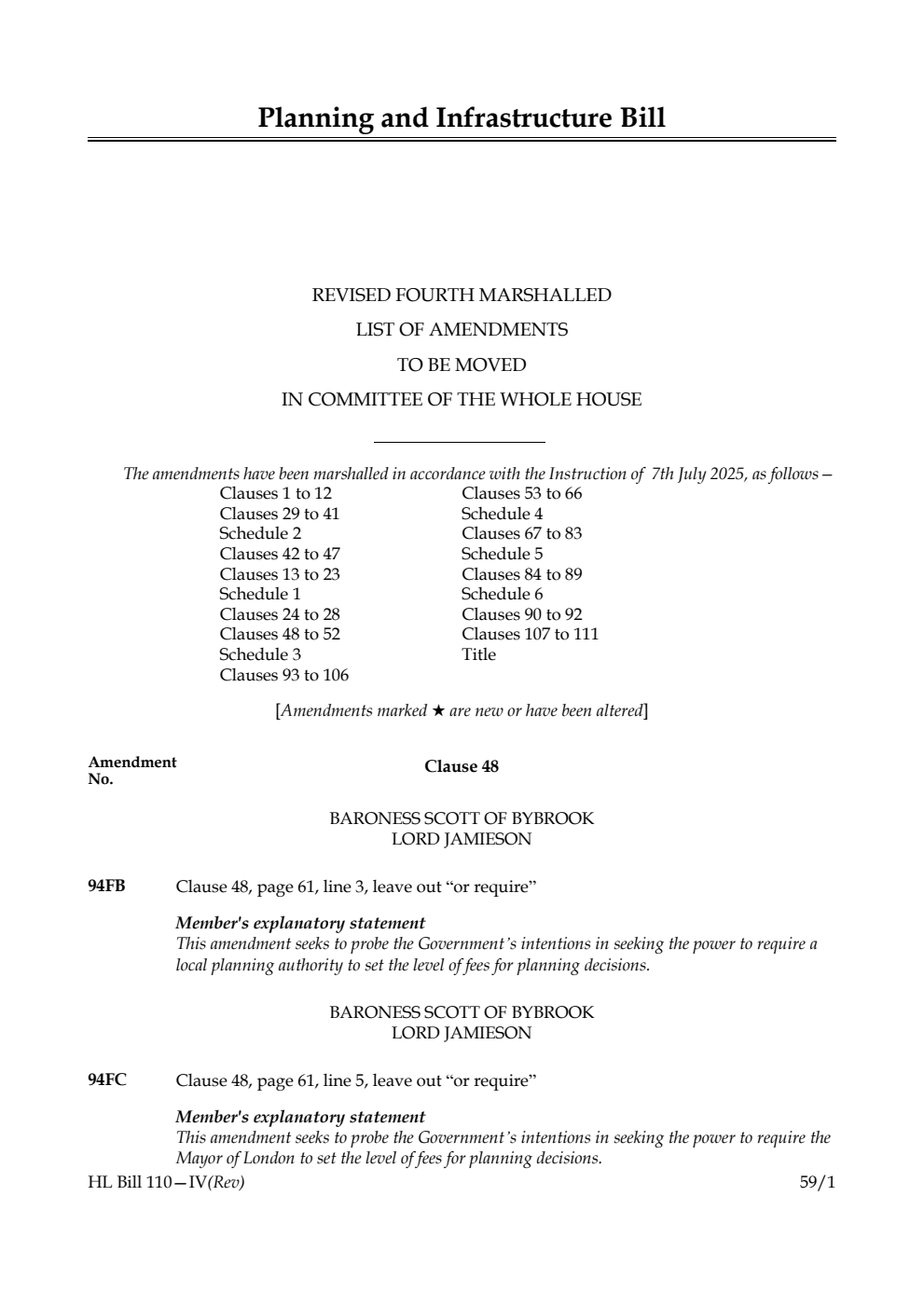 Planning and Infrastructure Bill Revised Fourth Marshalled List of amendments to be moved in Committee of the Whole House