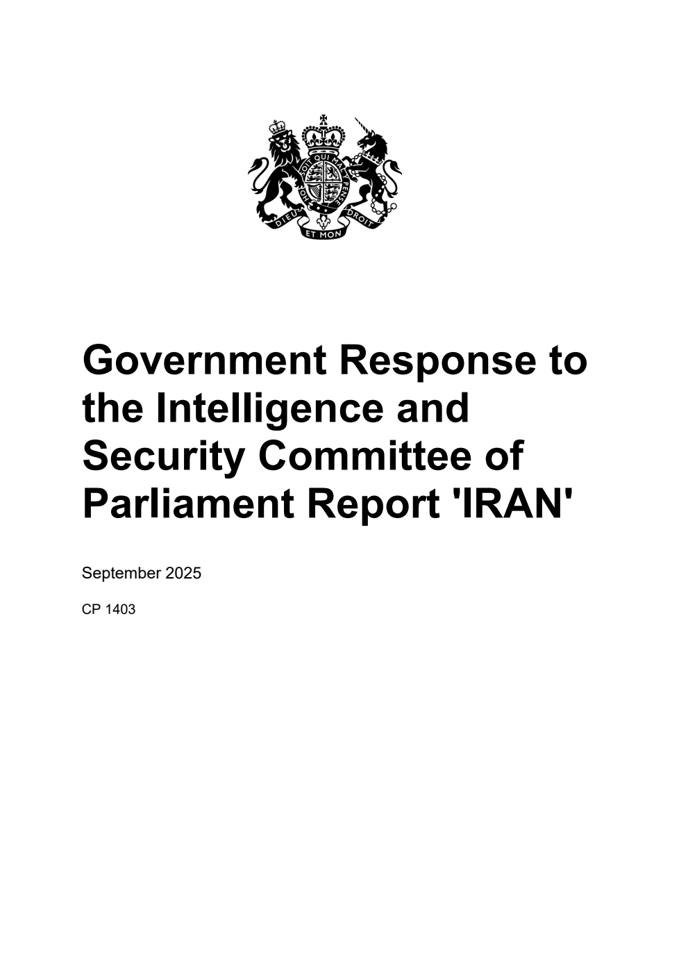 Government Response to the Intelligence and Security Committee of Parliament Report 'IRAN'