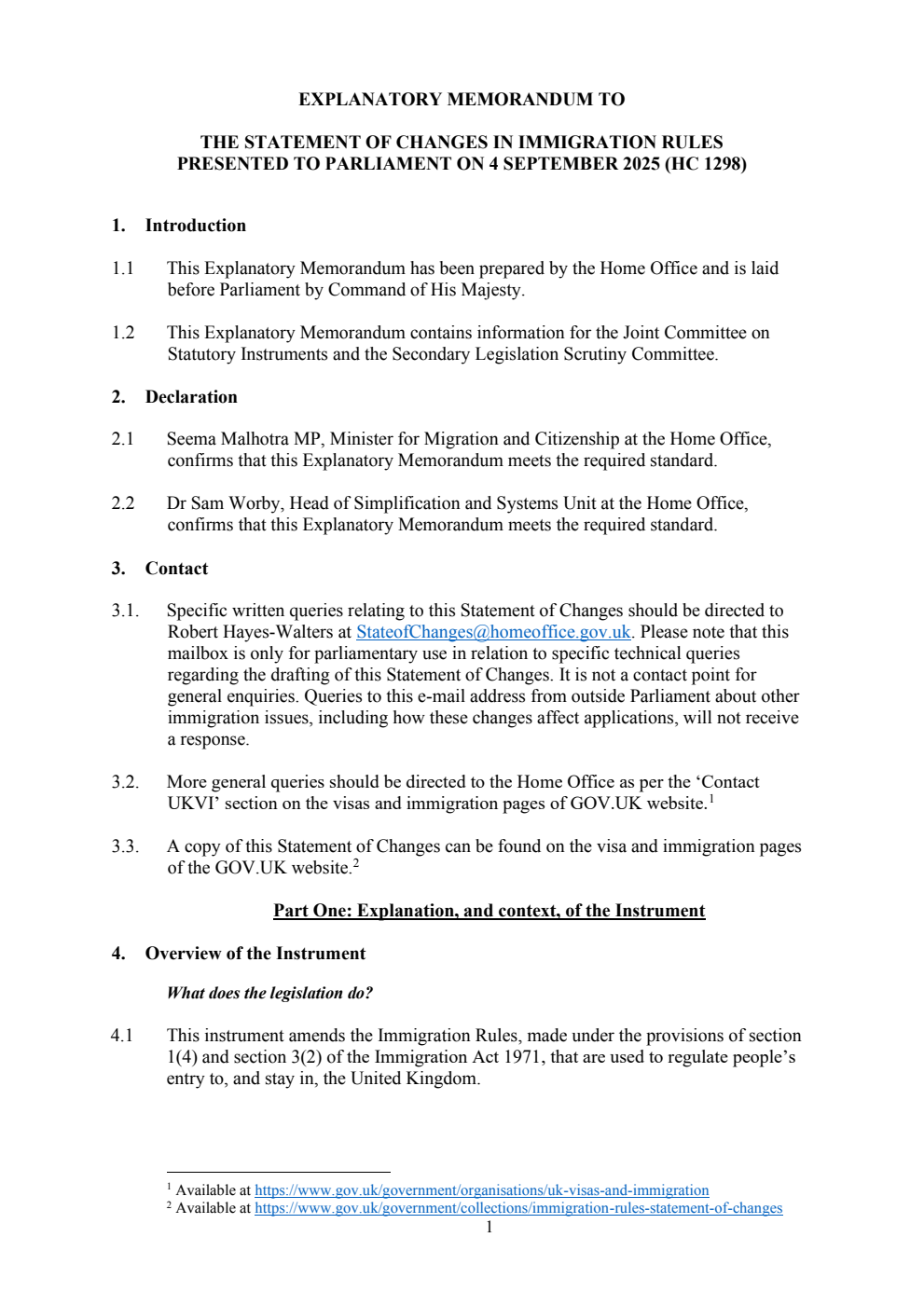 Explanatory Memorandum to the Statement of Changes in Immigration Rules