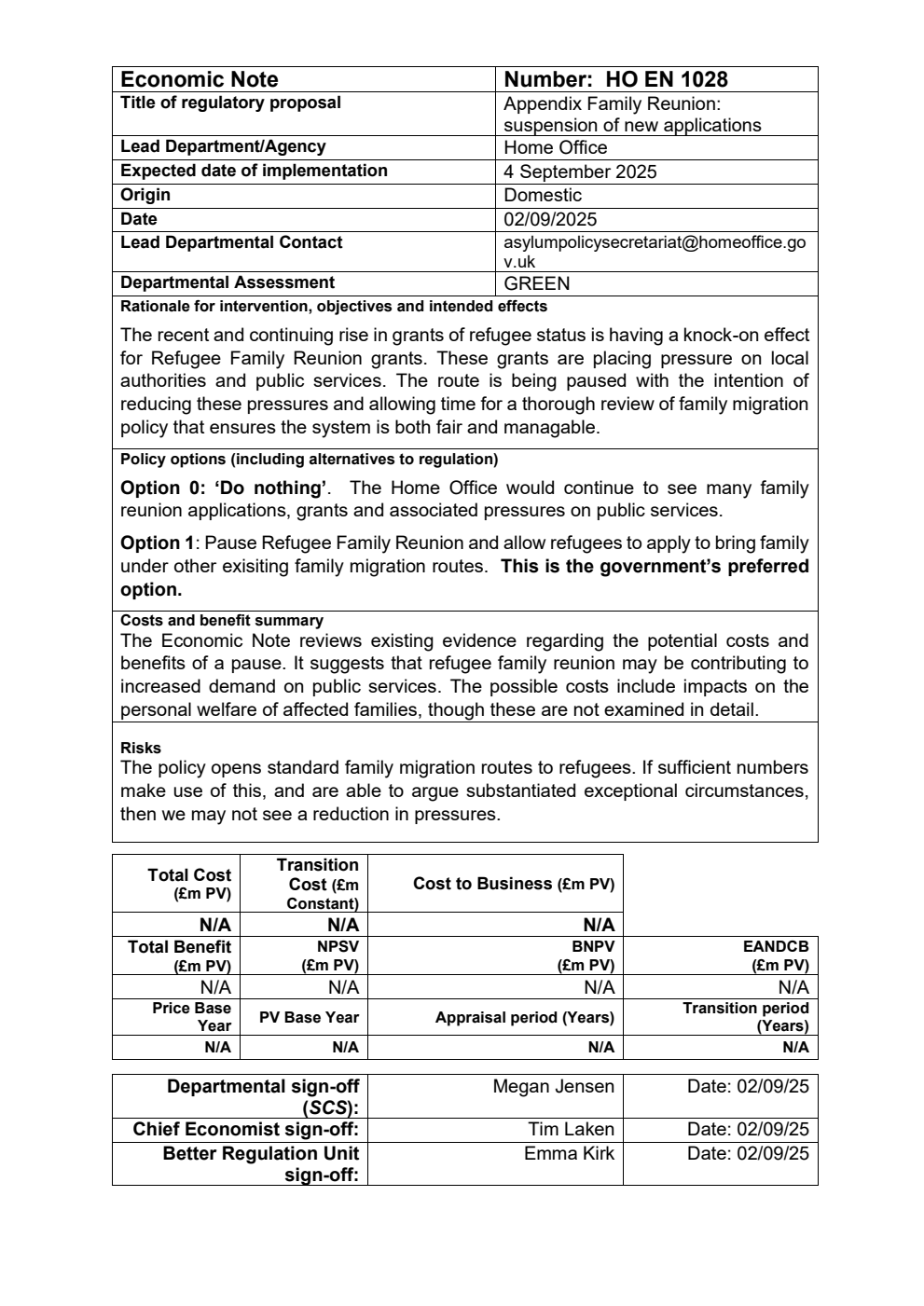 Economic note: Appendix Family Reunion, suspension of new applications