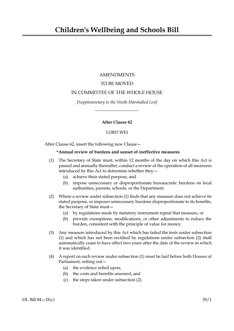 Children's Wellbeing and Schools Bill Amendments to be moved in Committee of the Whole House [Supplementary to the Ninth Marshalled List] 