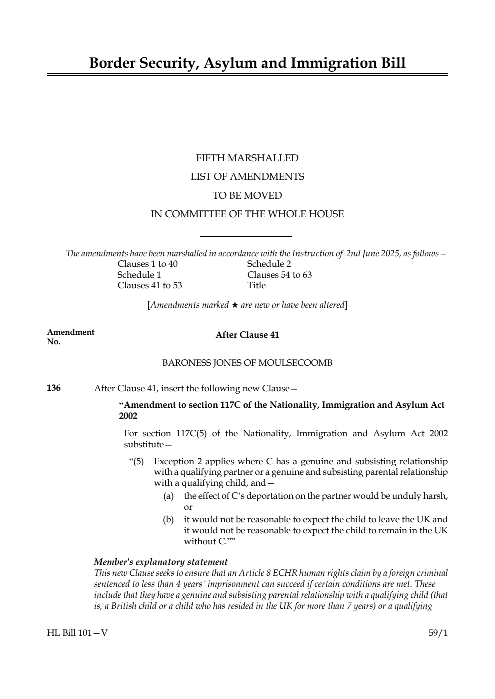 Border Security, Asylum and Immigration Bill Fifth Marshalled List of amendments to be moved in Committee of the Whole House