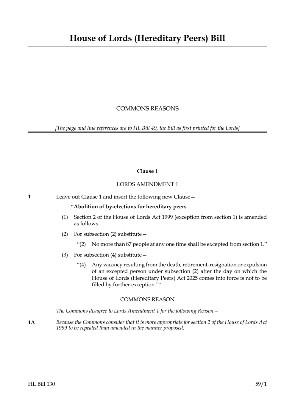 House of Lords (Hereditary Peers) Bill Commons reasons