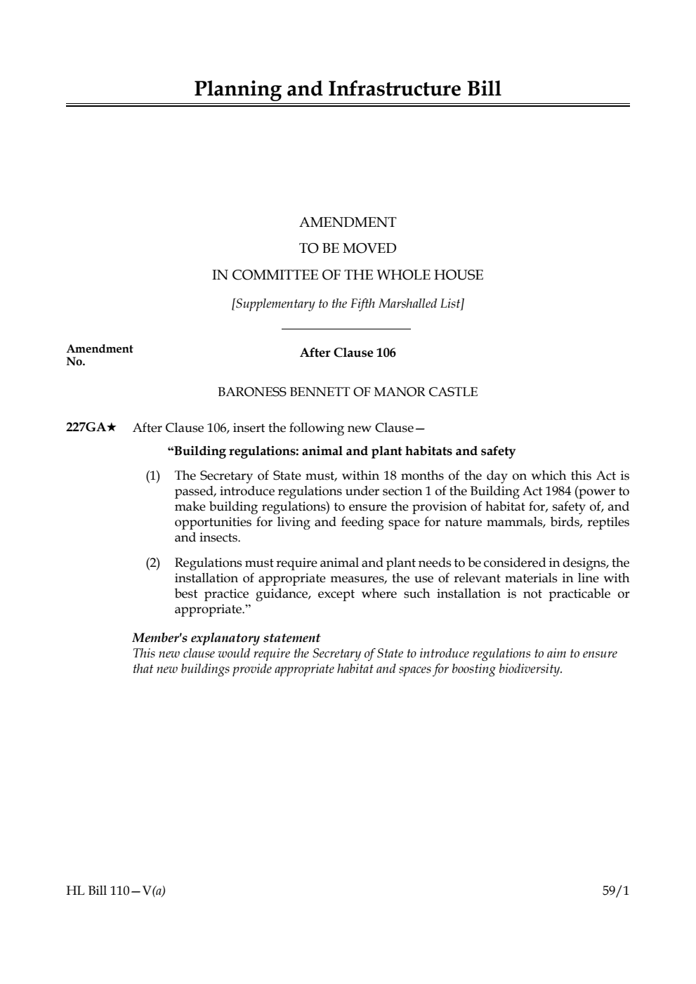 Planning and Infrastructure Bill Amendment to be moved in Committee of the Whole House [Supplementary to the Fifth Marshalled List] 