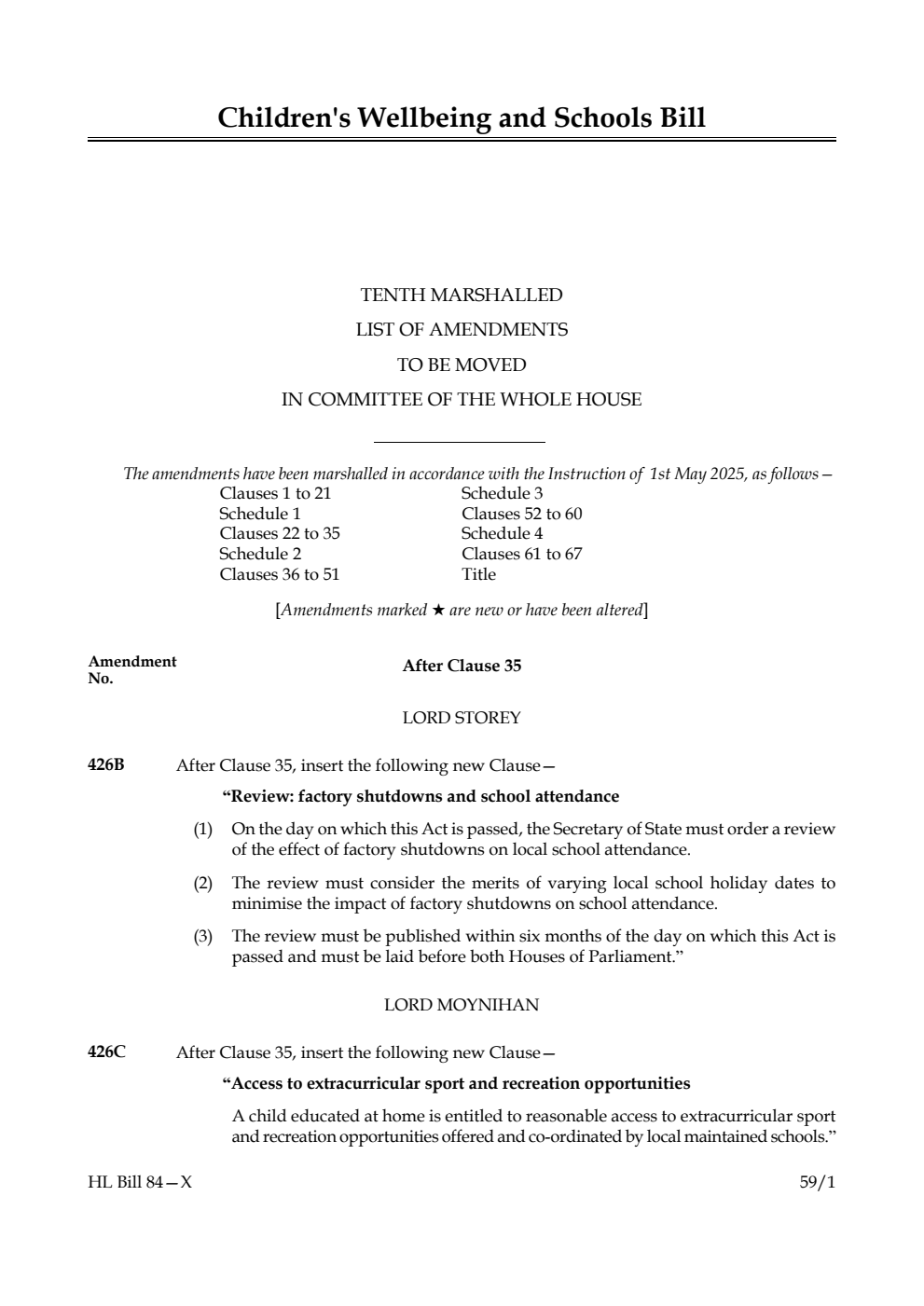 Children's Wellbeing and Schools Bill Tenth Marshalled List of amendments to be moved in Committee of the Whole House