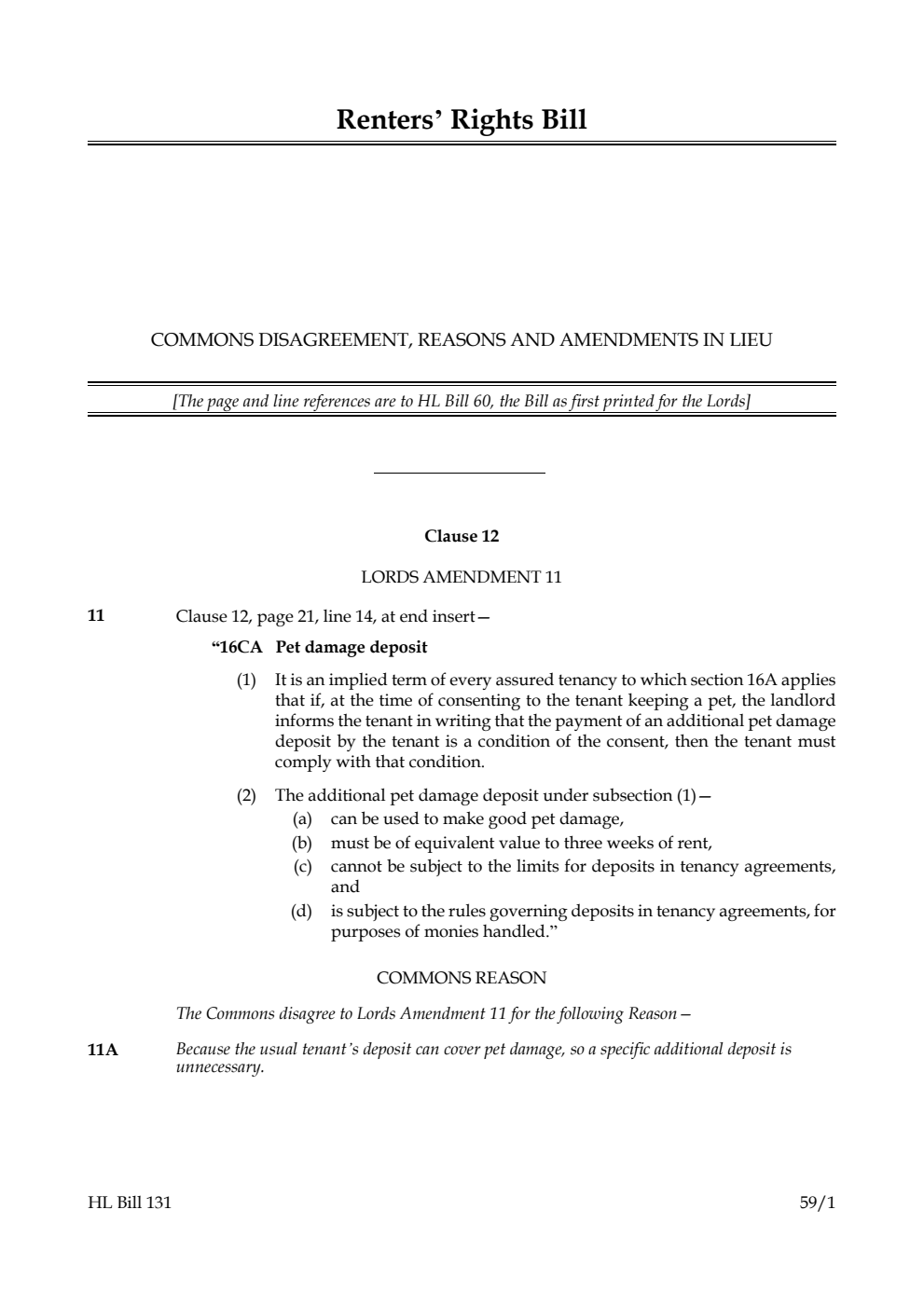 Renters' Rights Bill Commons disagreement, reasons and amendments in lieu