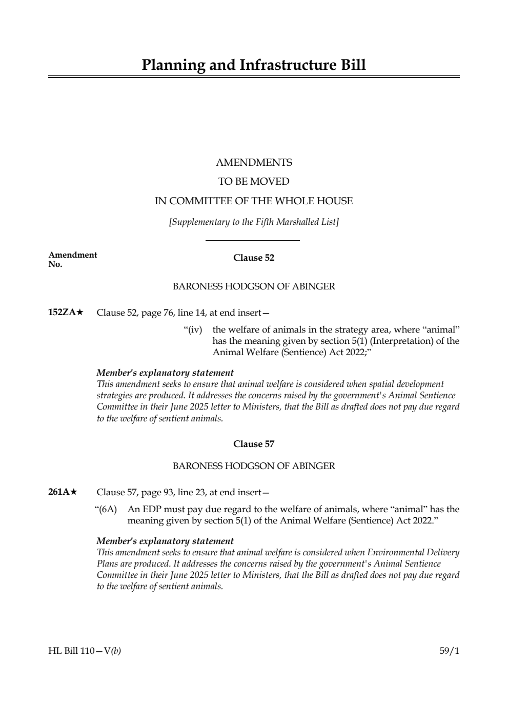 Planning and Infrastructure Bill Amendments to be moved in Committee of the Whole House [Supplementary to the Fifth Marshalled List]