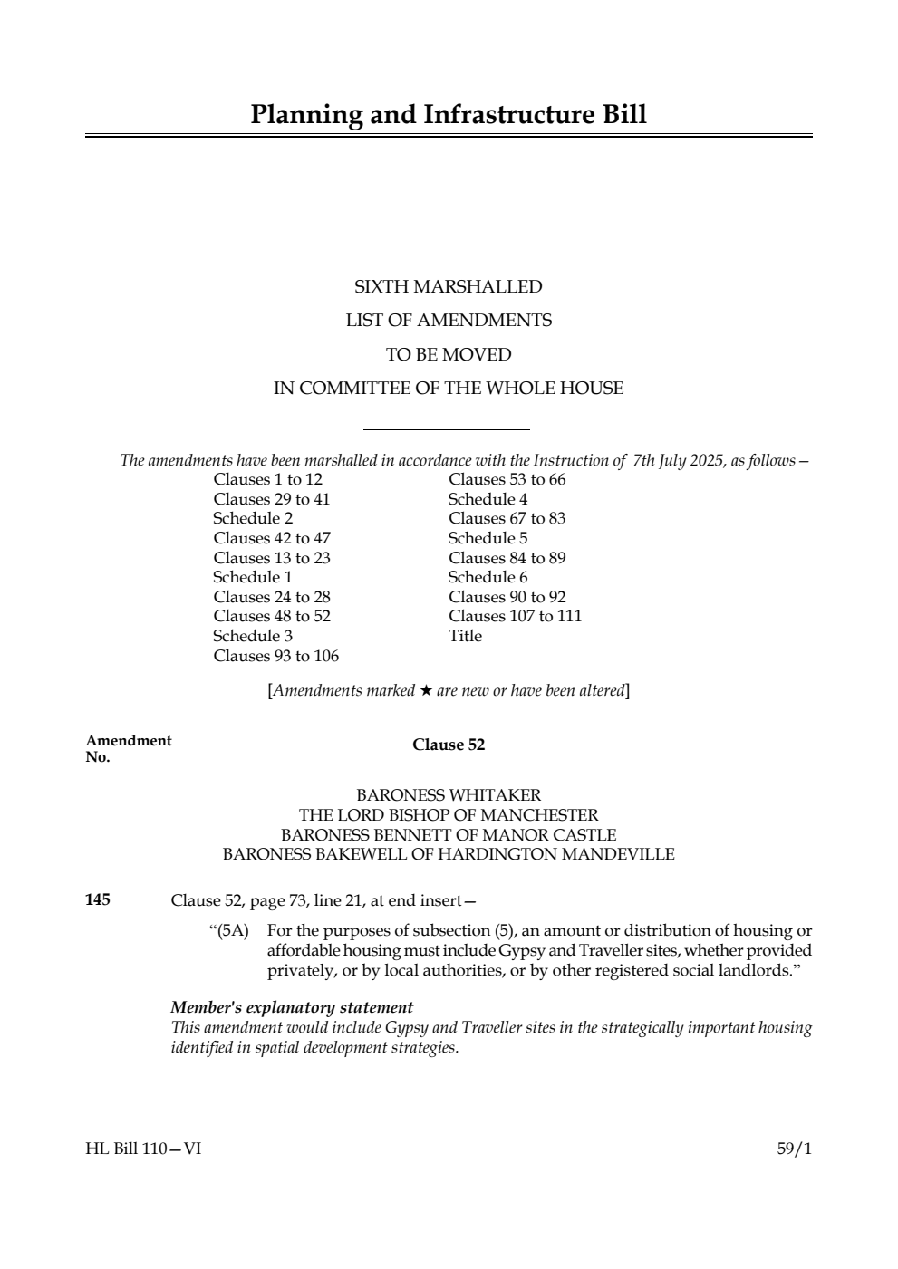 Planning and Infrastructure Bill Sixth Marshalled List of amendments to be moved in Committee of the Whole House