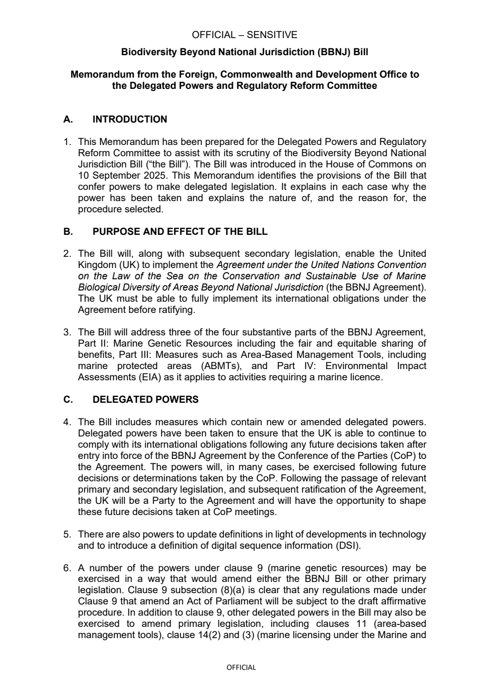 Biodiversity Beyond National Jurisdiction Bill - Memorandum from the Foreign, Commonwealth and Development Office to the Delegated Powers and Regulatory Reform Committee. September 2025