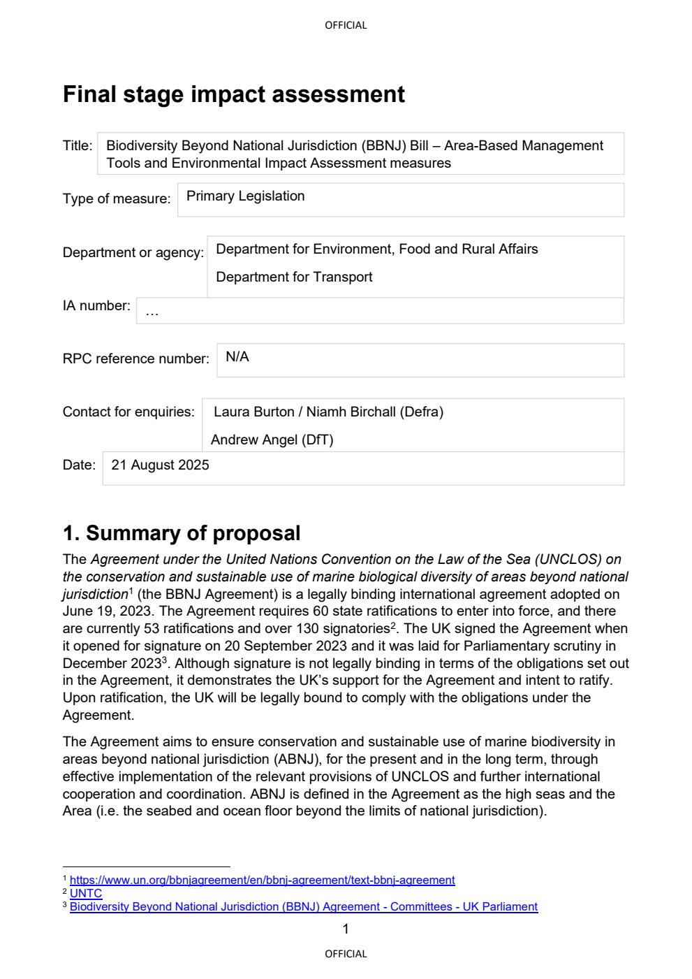 Biodiversity Beyond National Jurisdiction Bill - Area-Based Management Tools and Environmental Impact Assessment measures.  September 2025
