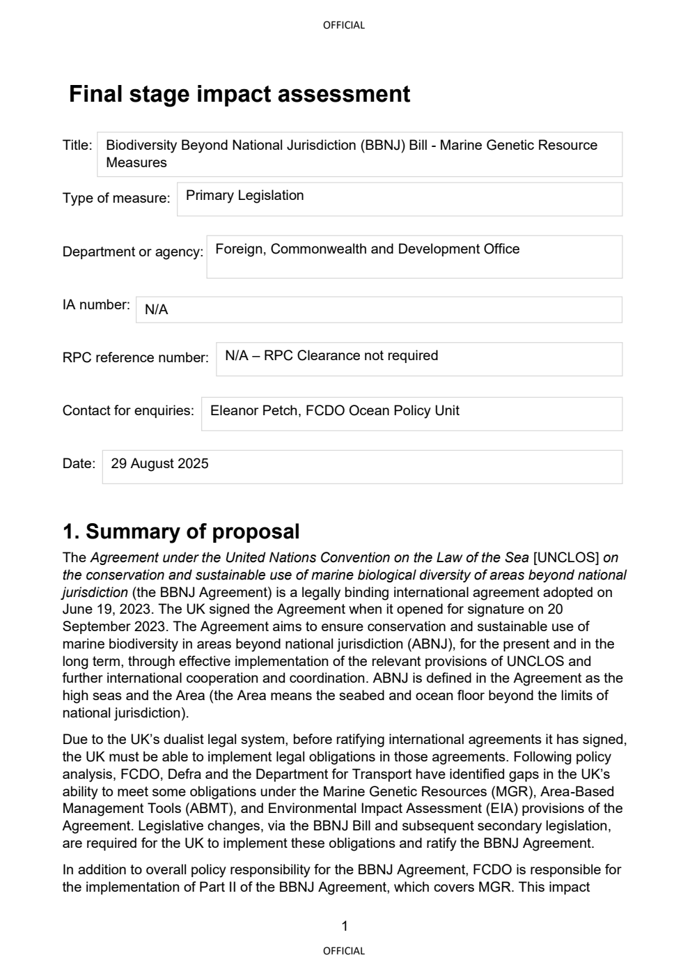 Biodiversity Beyond National Jurisdiction Bill - - Marine Genetic Resource Measures.  September 2025