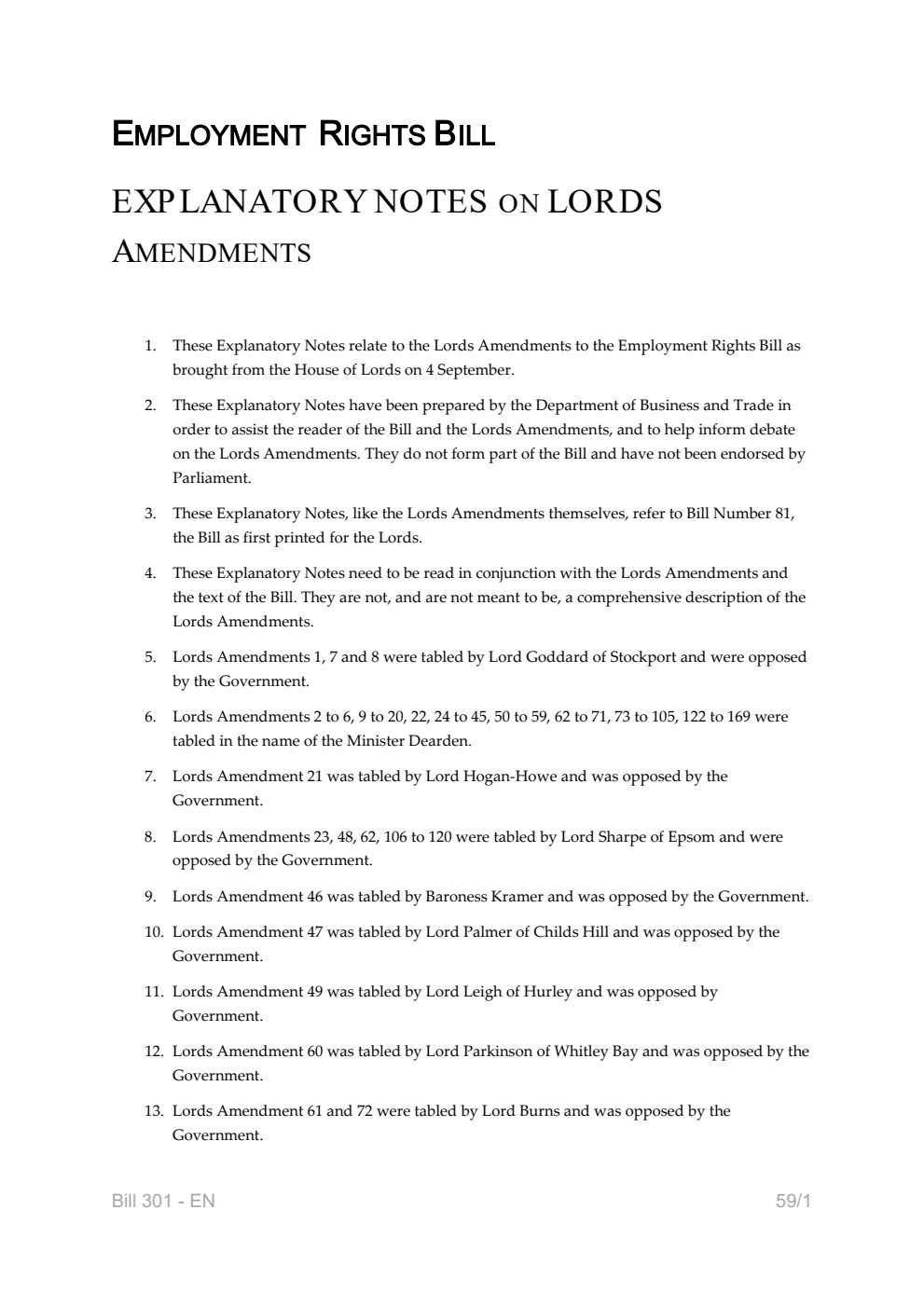 Employment Rights Bill Explanatory Notes on Lords Amendments