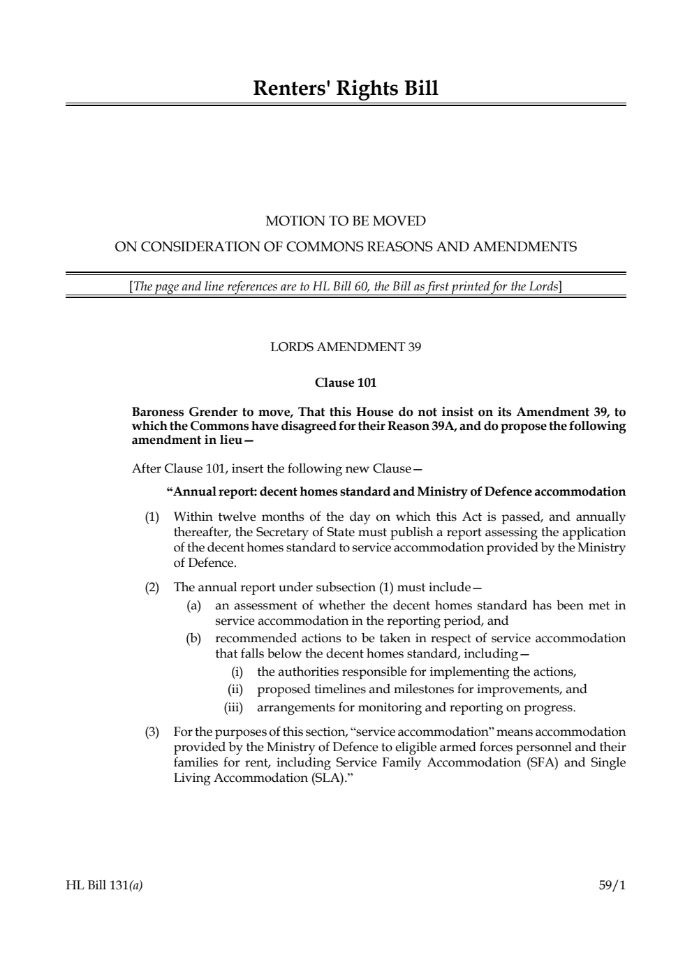 Renters' Rights Bill Motion to be moved on consideration of Commons reasons and amendments