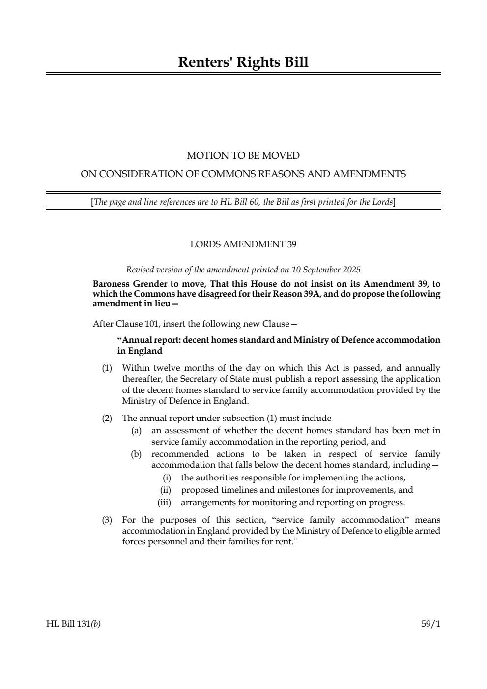 Renters' Rights Bill Motion to be moved on consideration of Commons reasons and amendments