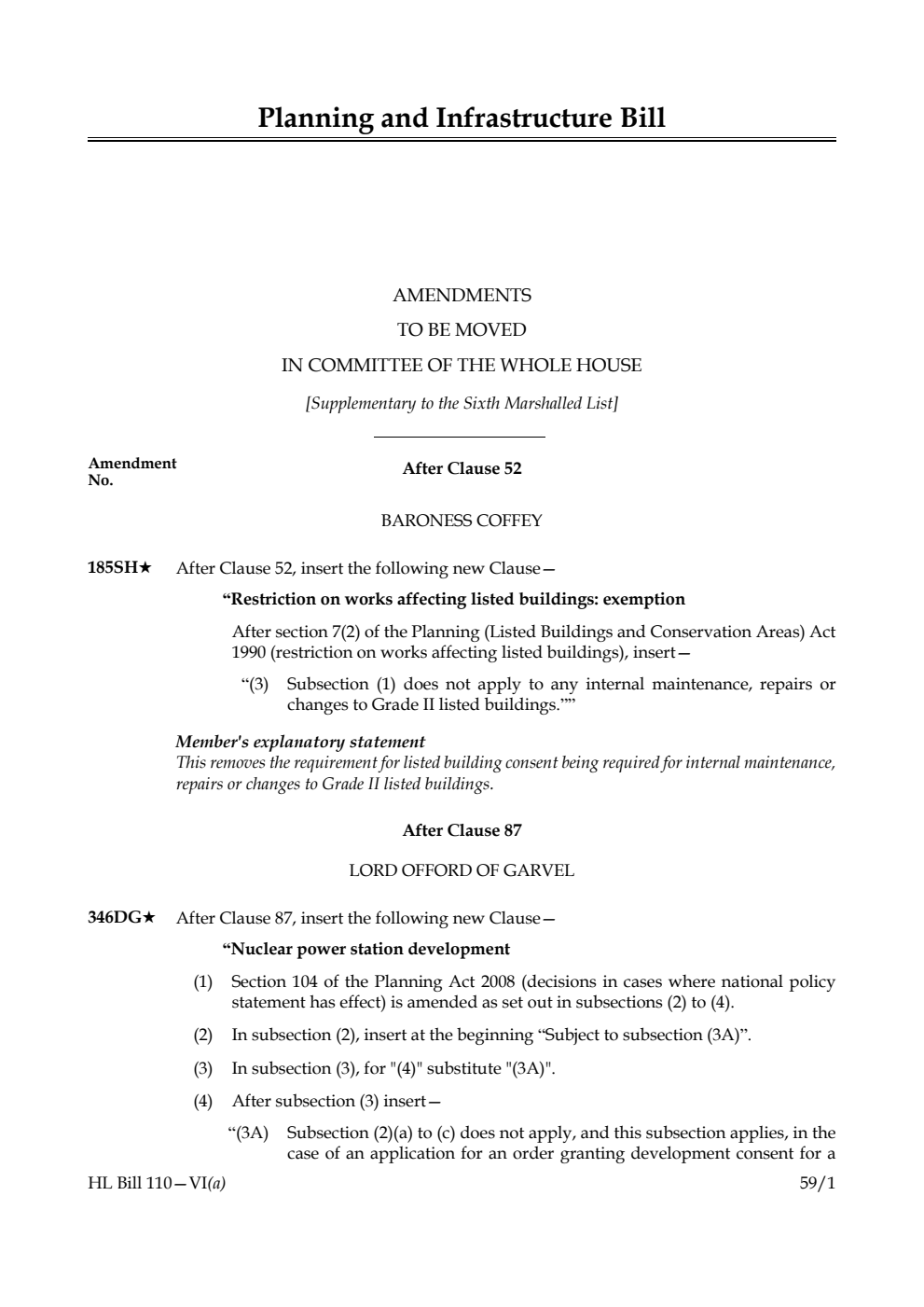 Planning and Infrastructure Bill Amendments to be moved in Committee of the Whole House [Supplementary to the Sixth Marshalled List]