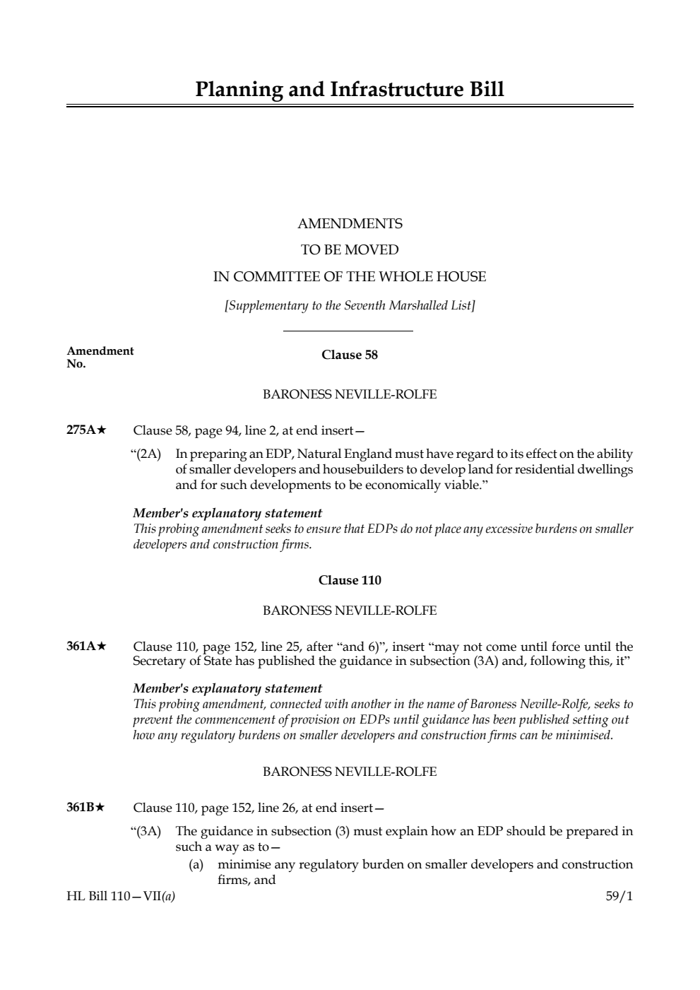 Planning and Infrastructure Bill Amendments to be moved in Committee of the Whole House [Supplementary to the Seventh Marshalled List] 