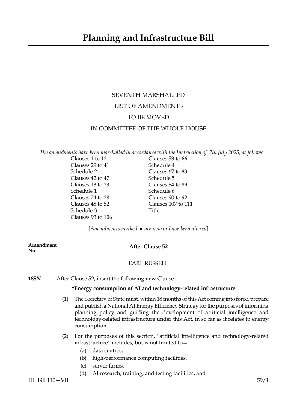 Planning and Infrastructure Bill Seventh Marshalled List of amendments to be moved in Committee of the Whole House