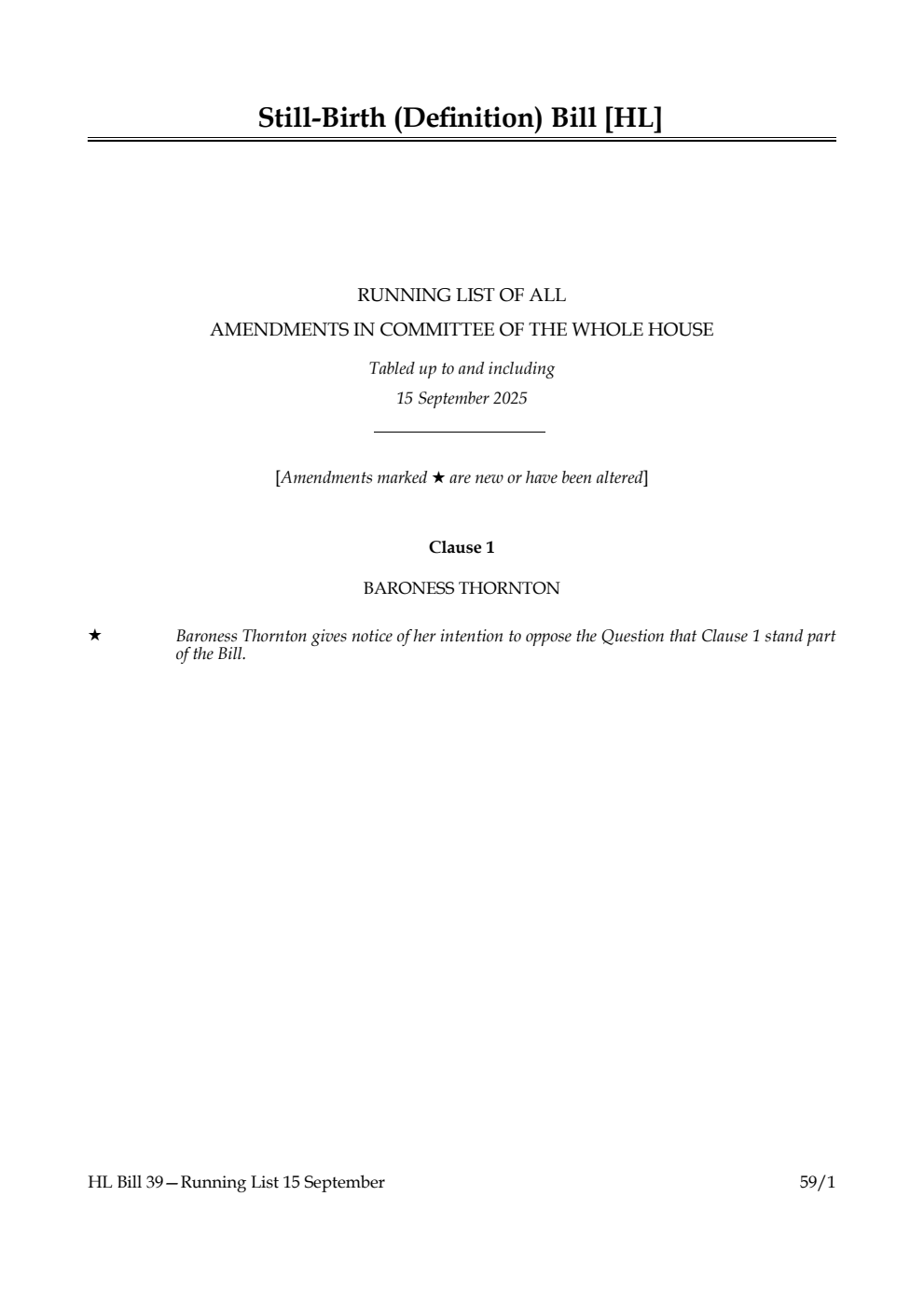 Still-birth (Definition) Bill Running List of all amendments in Committee of the Whole House tabled up to and including 15 September 2025