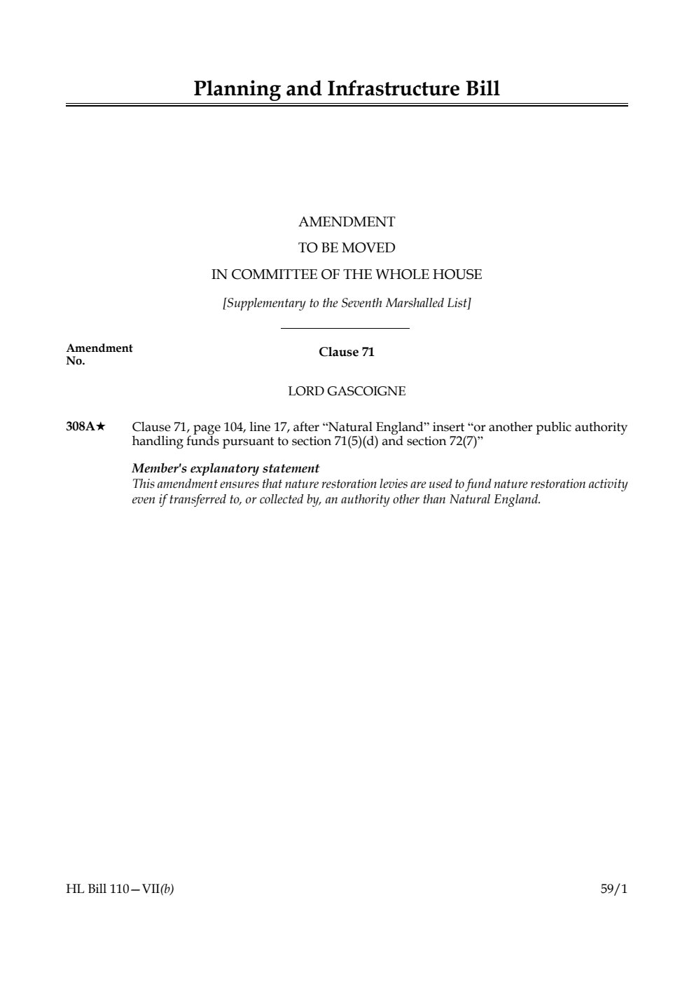 Planning and Infrastructure Bill Amendment to be moved in Committee of the Whole House [Supplementary to the Seventh Marshalled List]