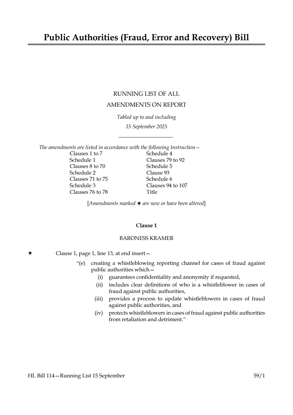Public Authorities (Fraud, Error and Recovery) Bill Running List of all amendments on report tabled up to and including 15 September 2025