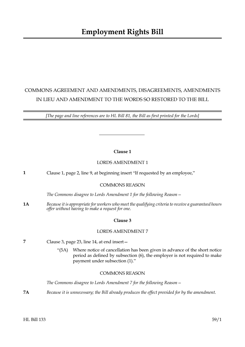 Employment Rights Bill Commons agreements and amendments, disagreements, amendments in lieu and amendments to the words so restored to the Bill