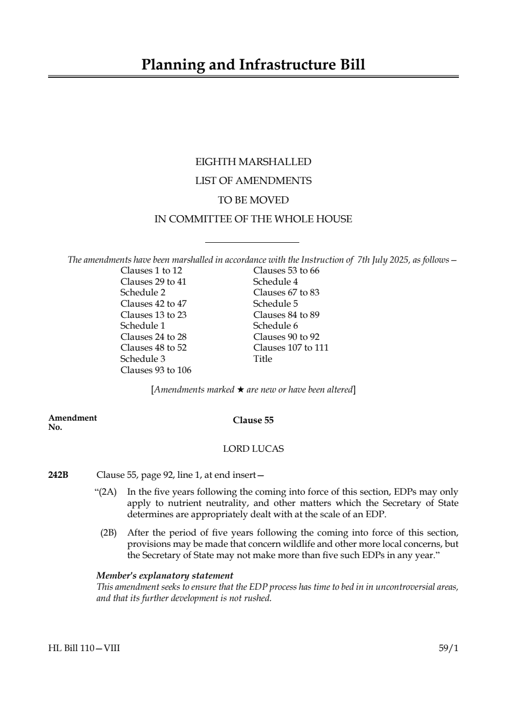 Planning and Infrastructure Bill Eighth Marshalled List of amendments to be moved in Committee of the Whole House