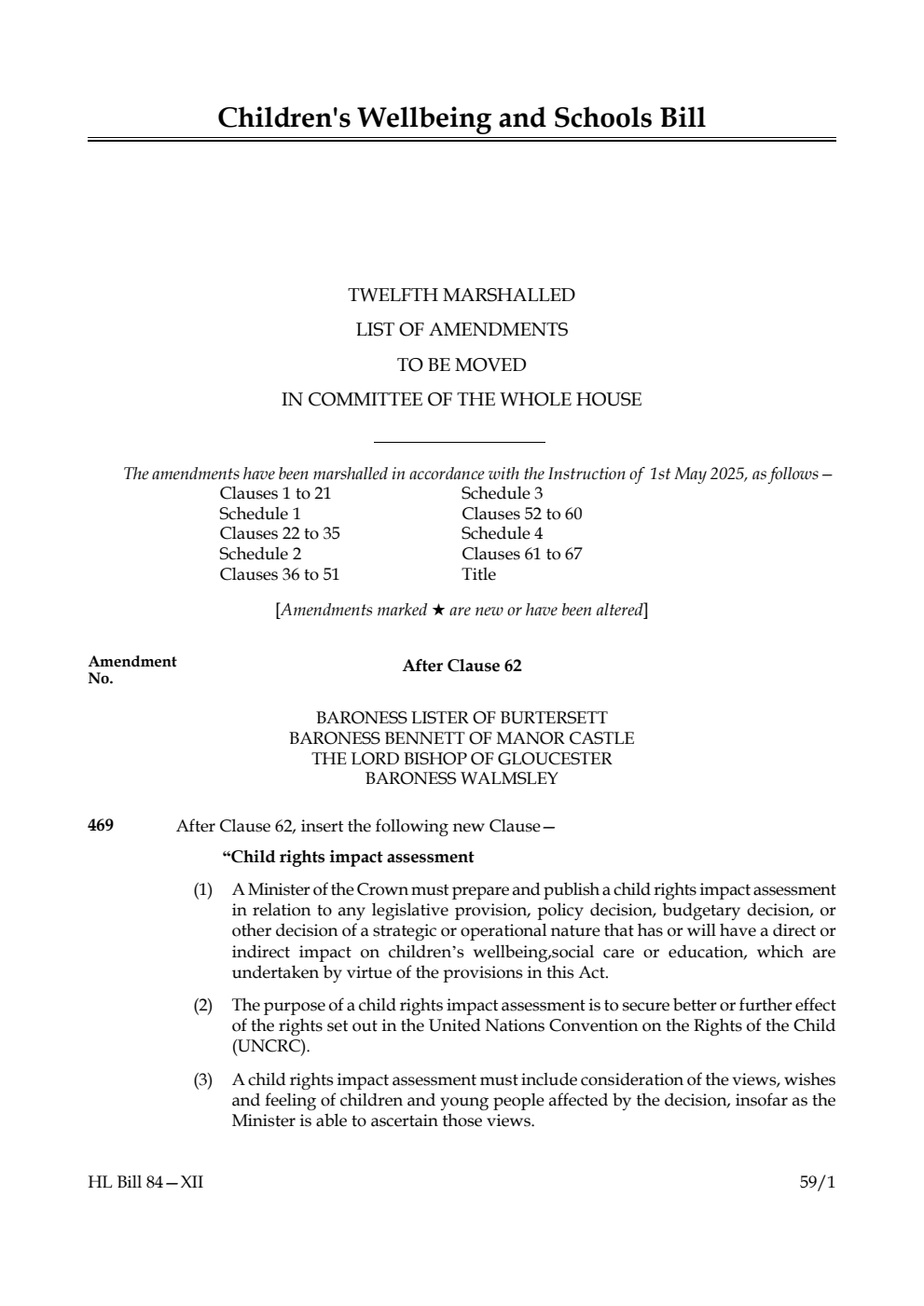Children's Wellbeing and Schools Bill Twelfth Marshalled List of amendments to be moved in Committee of the Whole House