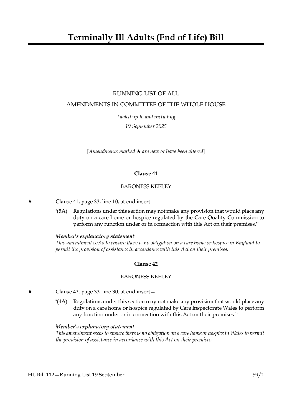 Terminally Ill Adults (End of Life) Bill Running List of all amendments in Committee of the Whole House tabled up to and including 19 September 2025