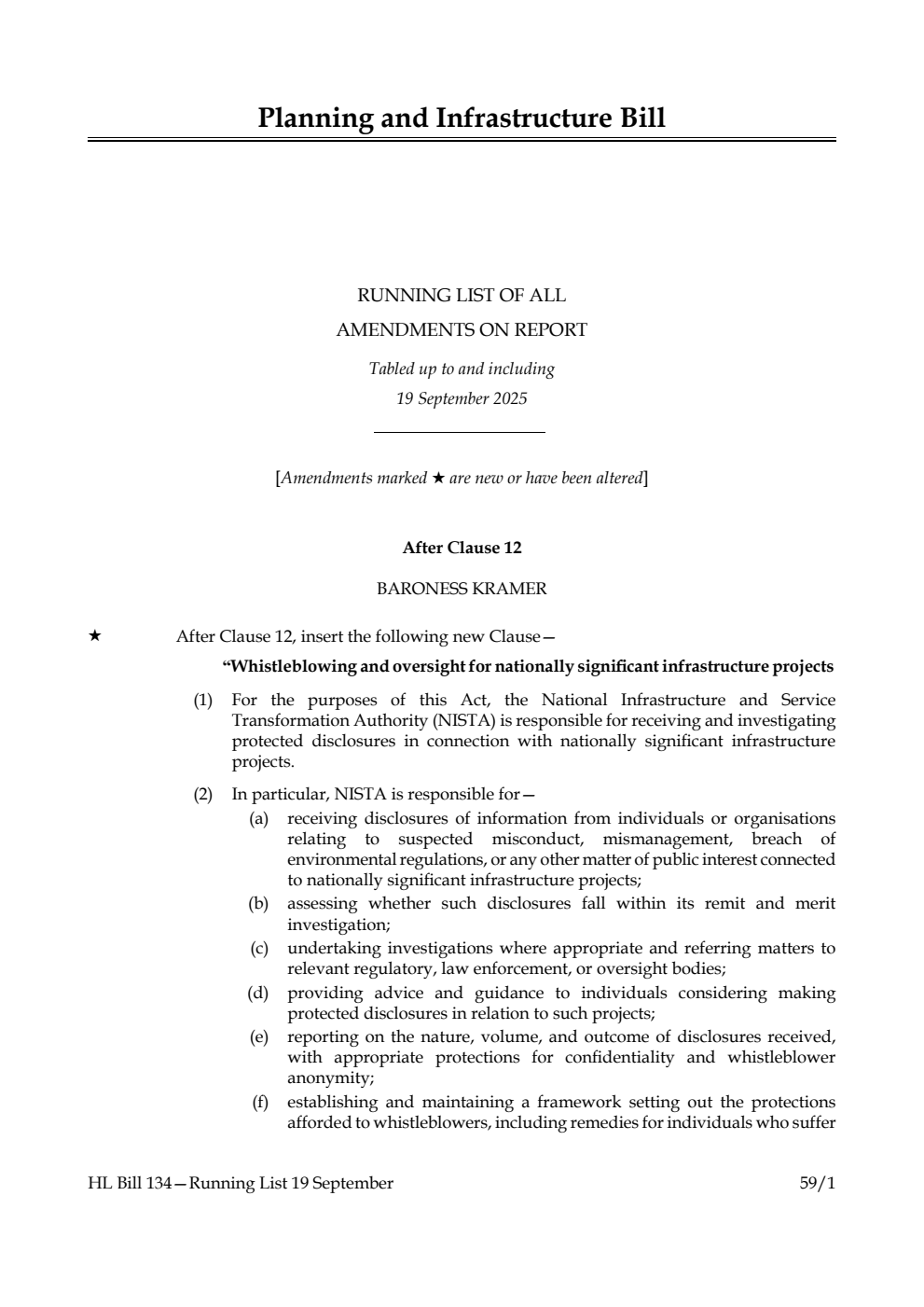 Planning and Infrastructure Bill Running List of all amendments on report tabled up to and including 19 September 2025