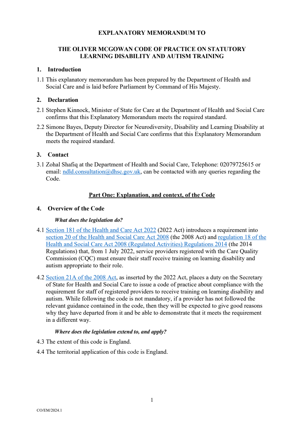 Explanatory memorandum to the Oliver McGowan code of practice on statutory learning disability and autism training. September 2025