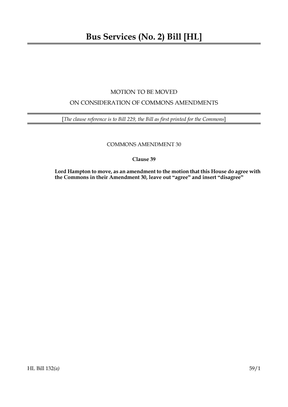Bus Services (No. 2) Bill Motion to be moved on consideration of Commons amendments