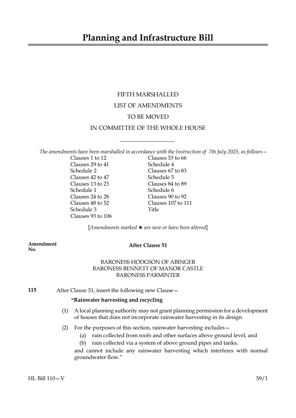 Planning and Infrastructure Bill Fifth Marshalled List of amendments to be moved in Committee of the Whole House