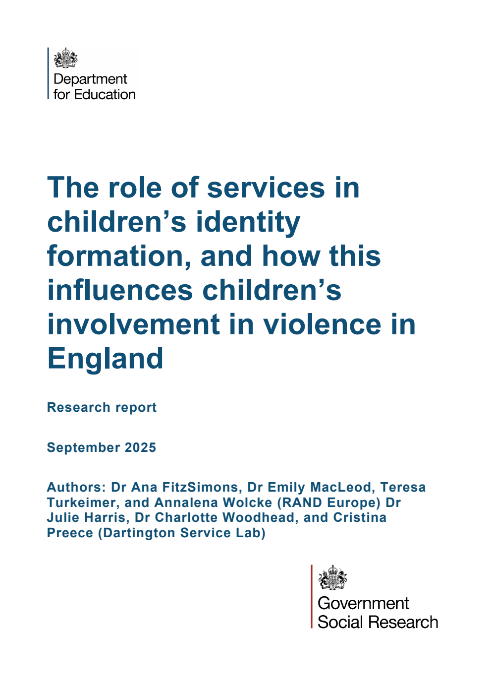 DFE-RR1558 The role of services in children’s identity formation, and how this influences children’s involvement in violence in England. Research report. September 2025