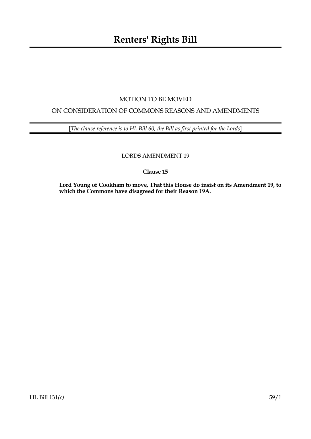 Renters' Rights Bill Motion to be moved on consideration of Commons reasons and amendments