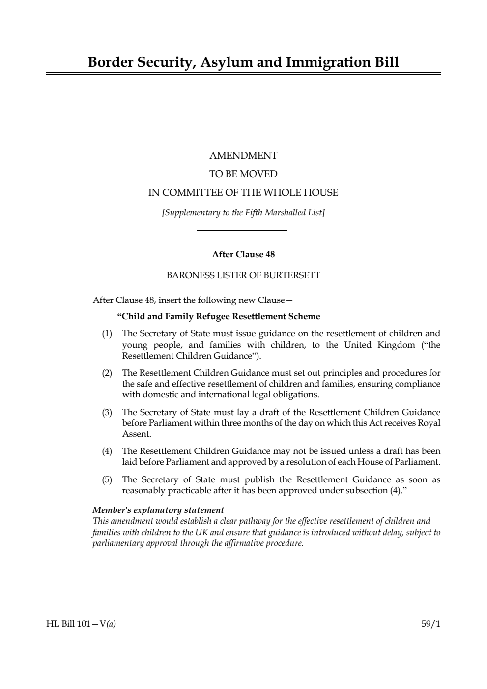 Border Security, Asylum and Immigration Bill Amendment to be moved in Committee of the Whole House [Supplementary to the Fifth Marshalled List]