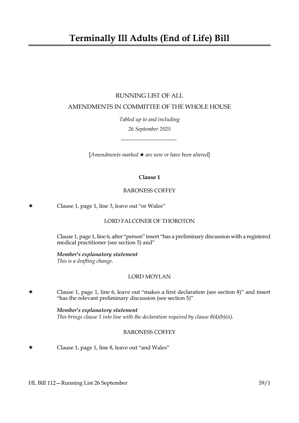 Terminally Ill Adults (End of Life) Bill Running List of all amendments in Committee of the Whole House tabled up to and including 26 September 2025