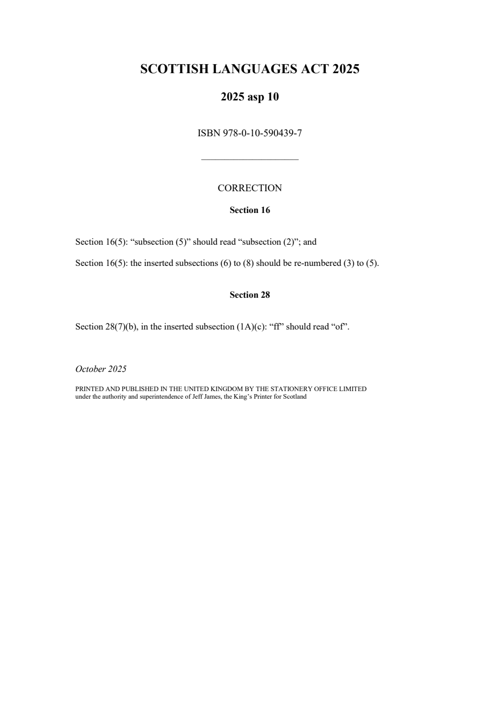 Scottish Languages Act 2025 Correction Slip, October 2025