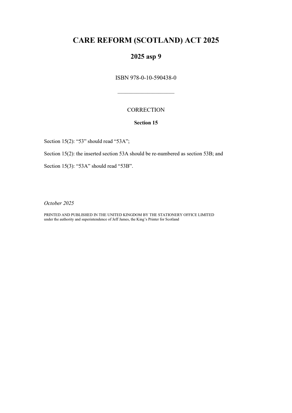 Care Reform (Scotland) Act 2025 Correction Slip, October 2025
