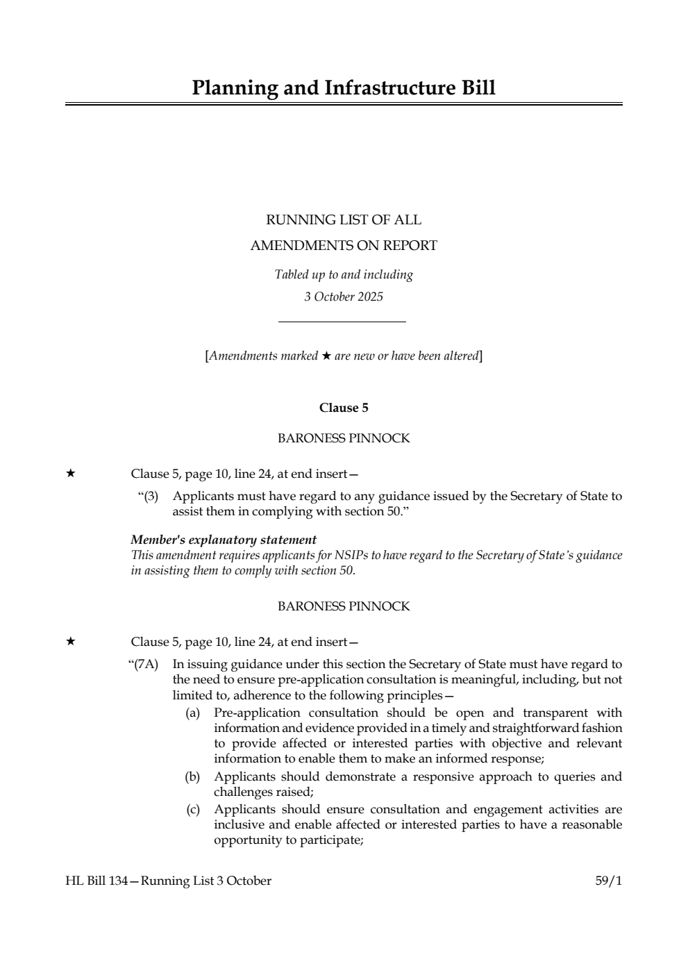 Planning and Infrastructure Bill Running List of all amendments on report tabled up to and including 3 October 2025