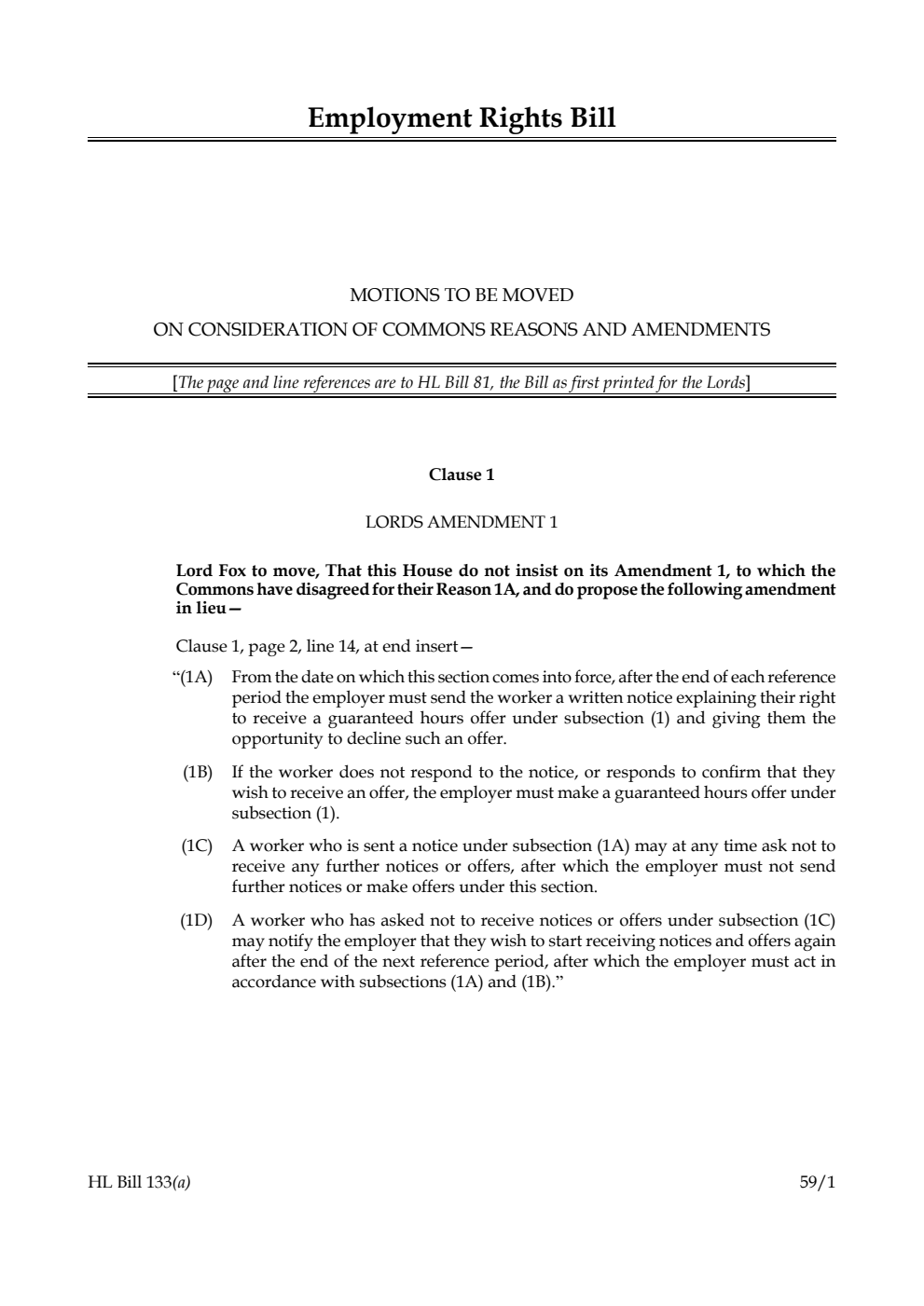 Employment Rights Bill Motions to be moved on consideration of Commons reasons and amendments