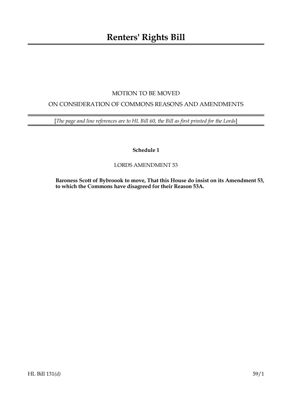 Renters' Rights Bill Motion to be moved on consideration of Commons reasons and amendments