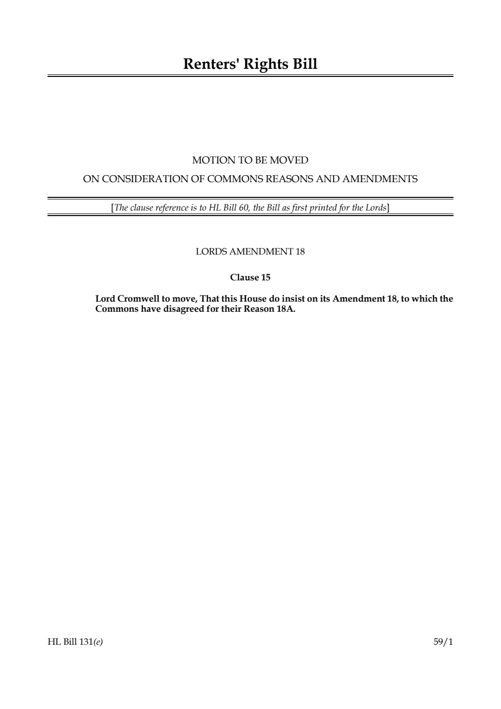 Renters' Rights Bill Motion to be moved on consideration of Commons reasons and amendments