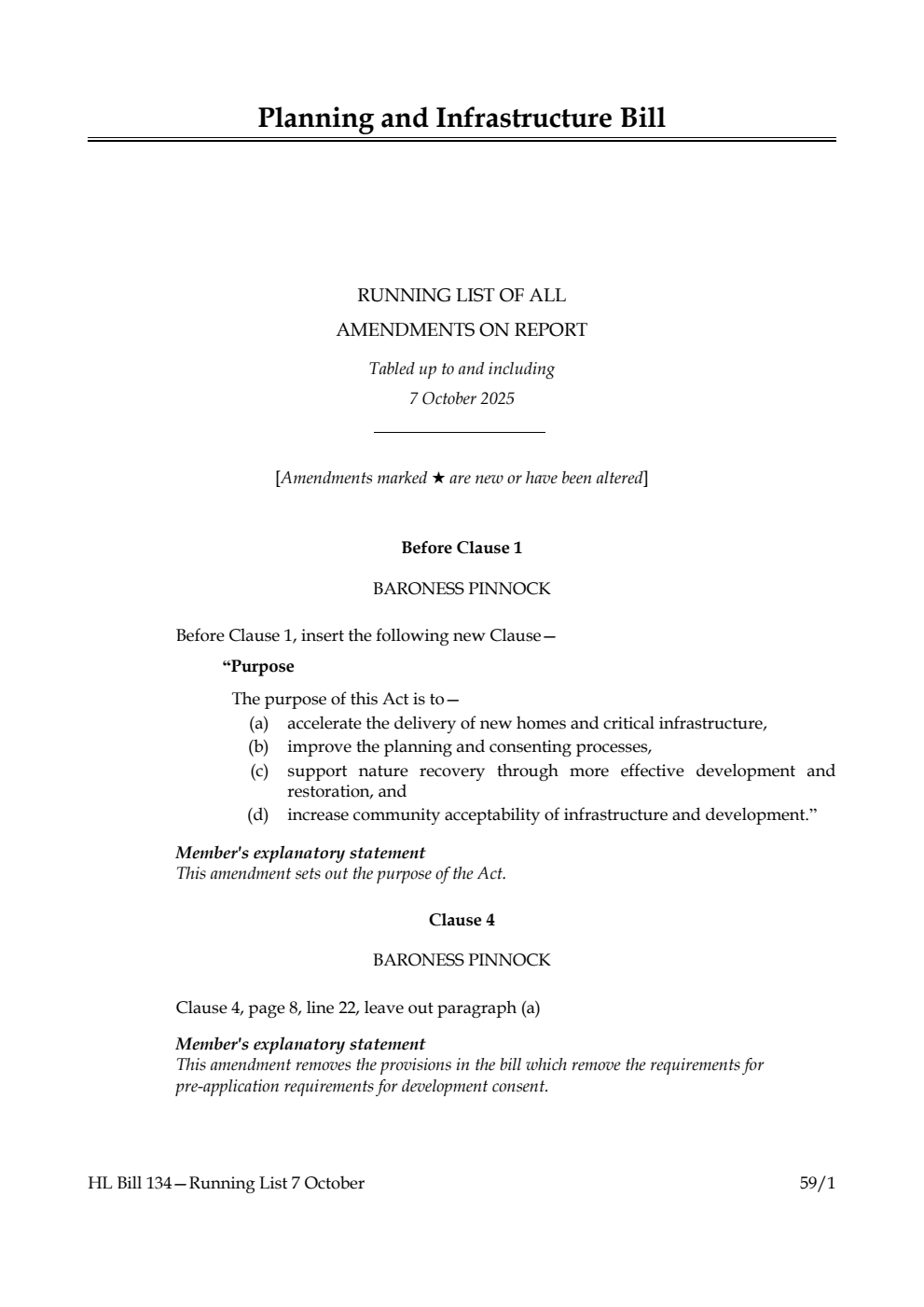 Planning and Infrastructure Bill Running List of all amendments on report tabled up to and including 7 October 2025