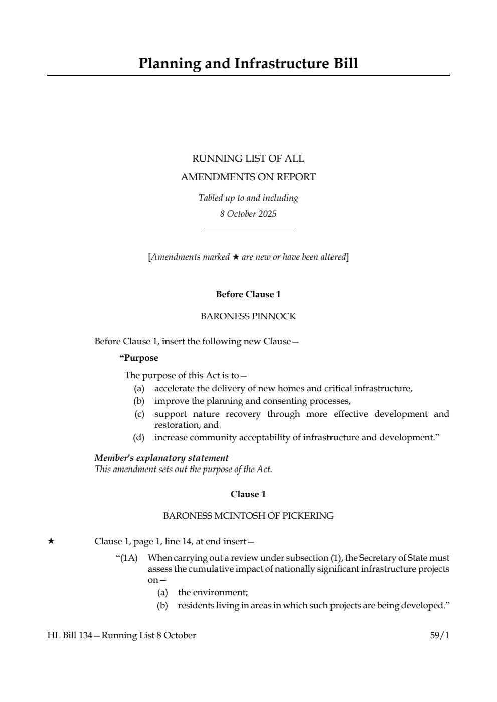 Planning and Infrastructure Bill Running List of all amendments on report tabled up to and including 8 October 2025